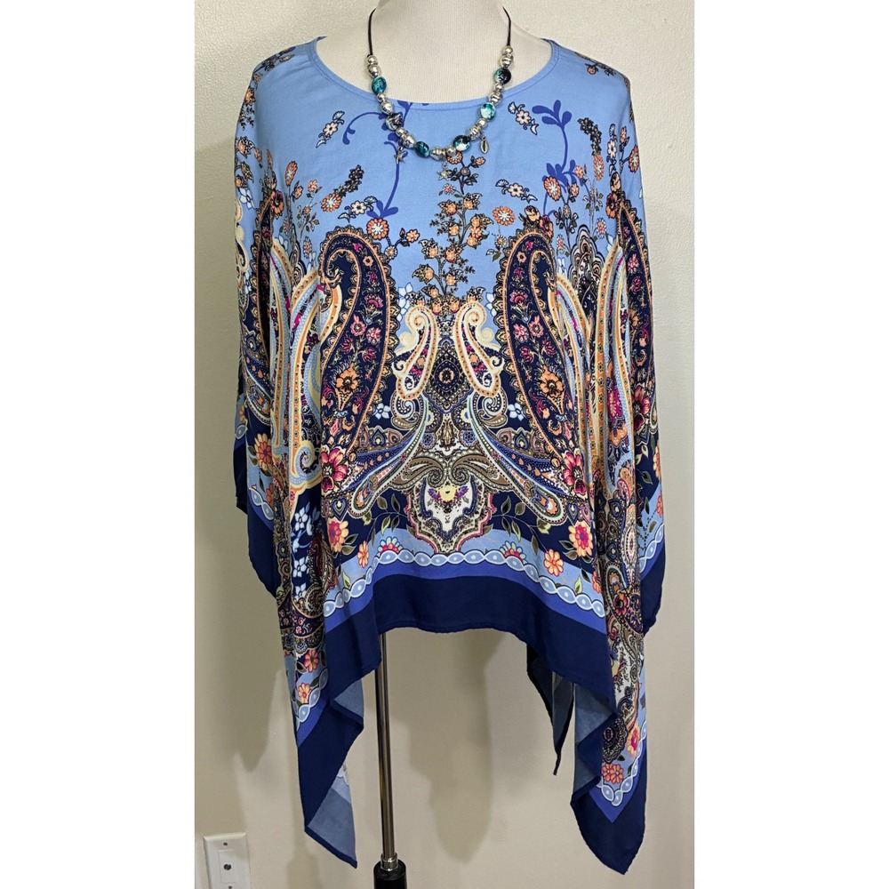 Chico's Paisley Print Poncho Top Women Boho Sharkbite Hem One Size Blue Multi